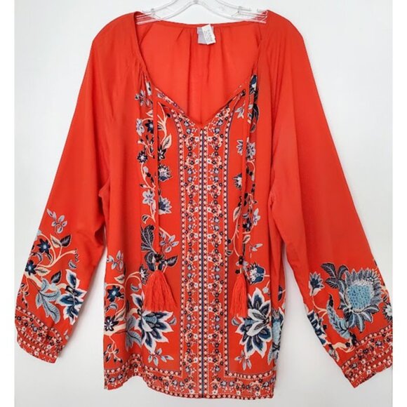 Chico’s Plus Boho Floral Tunic Top Red-Orange Long Sleeve Flowy Tassel Tie Sz 3 - Picture 1 of 9